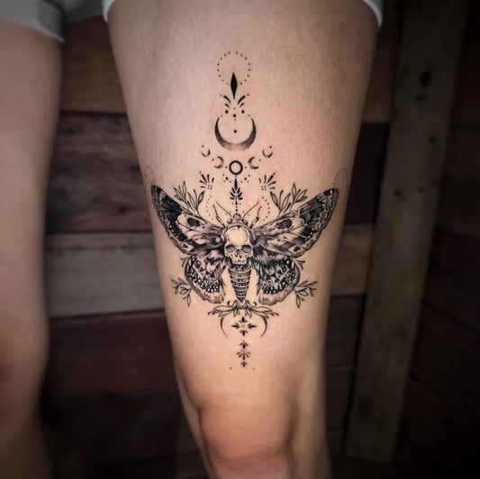 Big Mystical Skull Moth on Women Thigh Tattoo by @inky_ali