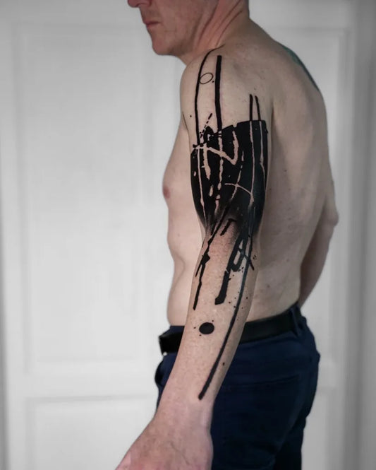 Big Negative Space Abstract Lines and Dots Tattoo on Men Arm by @joza.ink