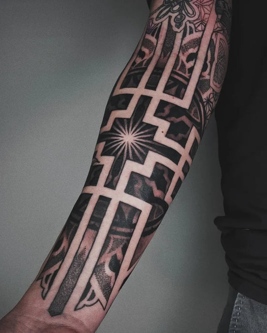 Big Negative Space Geometric Maze Star Tattoo on Men Arm by @lisabuerg