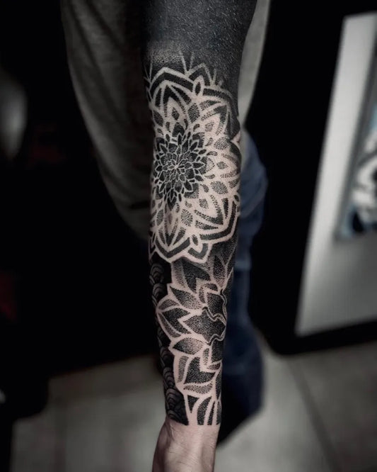 Big Negative Space Mandala Tattoo on Men Arm by @carcosatattoos