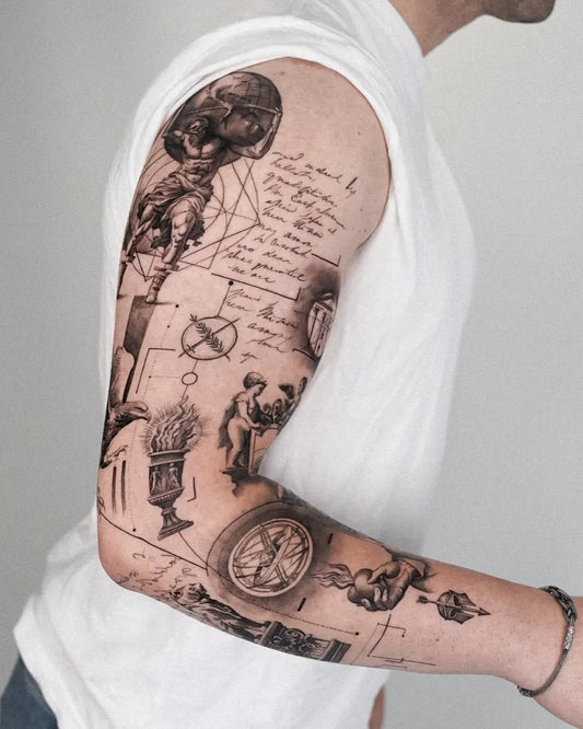 Big Neo Classical Leonardo Da Vinci Sketches on Men Arm Sleeve Tattoo by @sametyaman.ink