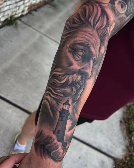Big Neo Classical Neptune and Lighthouse on Men Arm Tattoo by @slickphillips_art