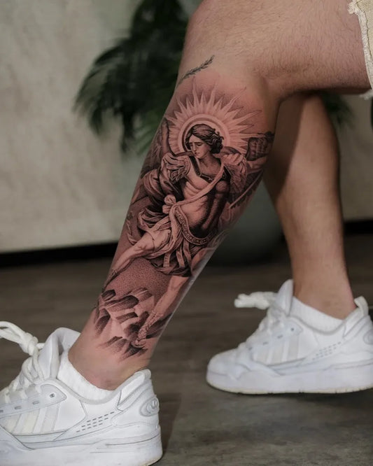 Big Neo Classical Saint Michael on Men Leg Tattoo by @evgenymir_