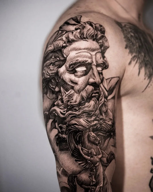 Big Neo Classical Zeus Pegasus and Dragon on Men Shoulder Tattoo by @serhatorucx