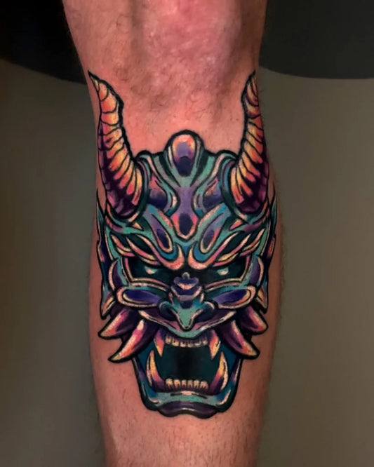 Big Neo Japanese Oni Mask on Men Thigh Tattoo by @psychetattoos