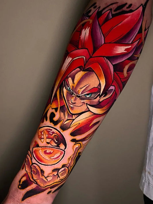 Big Neo New School Goku with Super Saiyan Hair and Energy Ball Tattoo on Men Arm by @gabilealtattoo