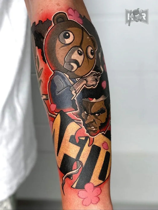 Big Neo New School Kanye West Bear and Face Tattoo on Men Arm by @kurtrogers.tattoo