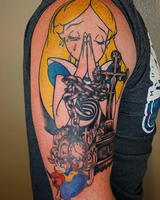 Big Neo Traditional Alice Praying with Clockwork Cross Tattoo on Women Bicep by @house.inks