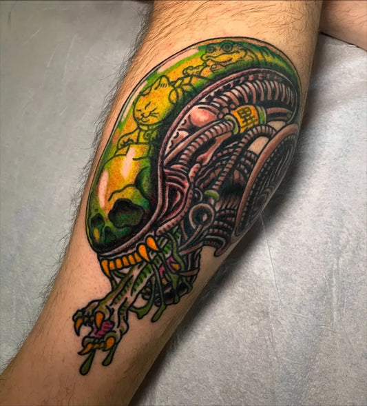 Big Neo Traditional Alien Cat Tattoo on Men Leg by @jared.hampton.art