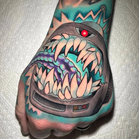 Big Neo Traditional Alien Helmet Monster on Men Hand Tattoo by @grubface