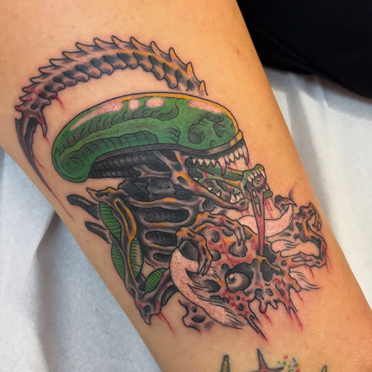 Big Neo Traditional Alien Skull Tattoo on Women Thigh by @angelocelestetattoos