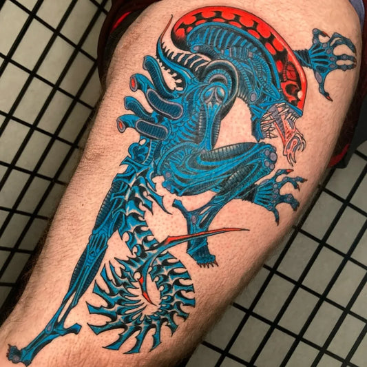 Big Neo Traditional Alien Tattoo on Men Thigh by @nickhetzel