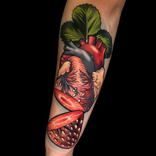Big Neo Traditional Anatomical Heart with Tomato and Leaves on Men Arm Tattoo by @meghantattoos