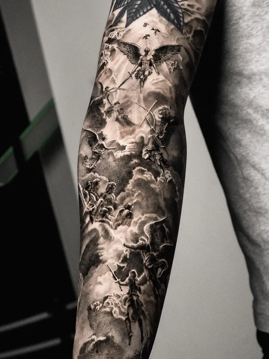Big Neo Traditional Angel and Clouds on Men Arm Sleeve Tattoo by @tattooer_amu