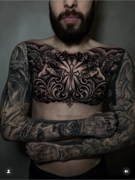 Big Neo Traditional Angels Cross Cherubs on Men Chest Religious Tattoo by @mexicanstyle_tattoos