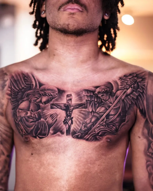 Big Neo Traditional Angels Cross Spear on Men Chest Religious Tattoo by @inkxeption