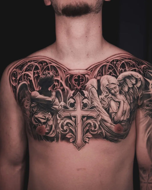 Big Neo Traditional Angels Cross on Men Chest Tattoo by @aarontorrestattoo