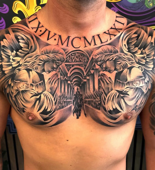 Big Neo Traditional Angels and Roman Ruins on Men Chest Tattoo by @shyam.tattoo