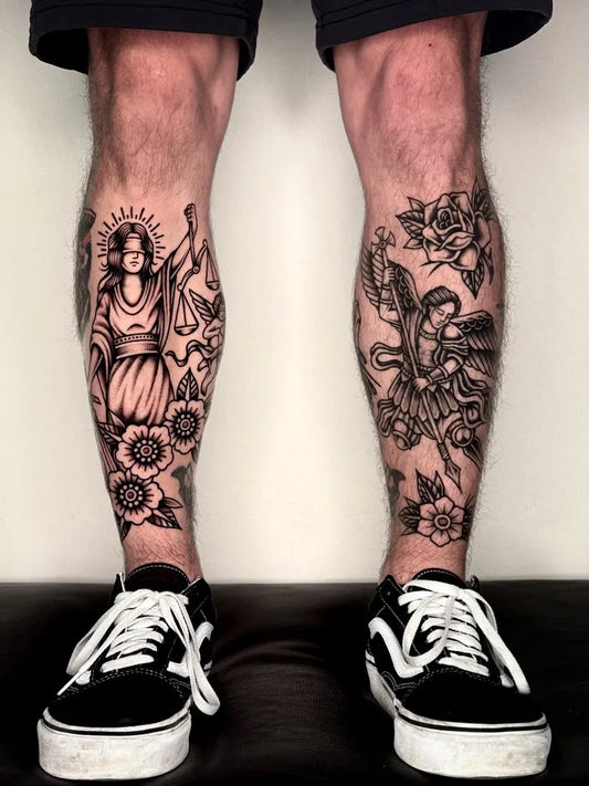 Big Neo Traditional Angels and Roses on Men Leg Tattoo by @liil_tat