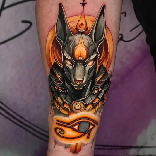 Big Neo Traditional Anubis Eye of Horus Tattoo on Men Arm by @zulezutattoo