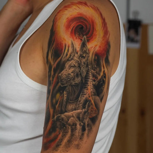 Big Neo Traditional Anubis Wormhole Tattoo on Women Shoulder by @moller.tattooer