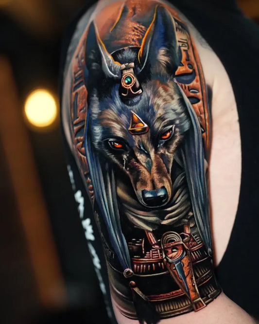 Big Neo Traditional Anubis and Egyptian Gods Tattoo on Men Arm by @marcocanelas_tattooartist