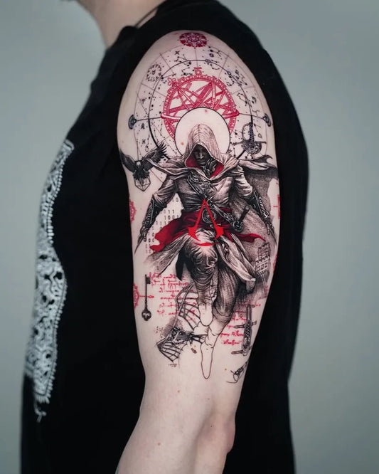 Big Neo Traditional Assassins Creed Character on Men Arm Tattoo by @tattooassist