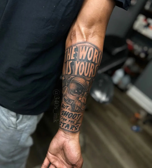 Big Neo Traditional Astronaut Shoot For Stars on Men Forearm Tattoo by @340s_ink