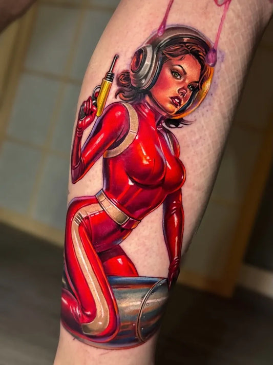 Big Neo Traditional Astronaut Woman with Ray Gun on Women Leg Tattoo by @ksu_poharkova