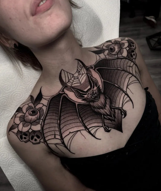 Big Neo Traditional Bat Web Flowers Tattoo on Women Shoulder by @toriaatattoo