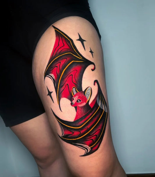 Big Neo Traditional Bat with Wings Tattoo on Women Thigh by @nefatattoo