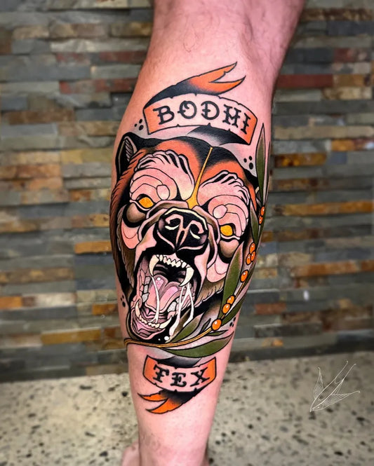 Big Neo Traditional Bear with Banner on Men Leg Tattoo by @keeganblairtattoo
