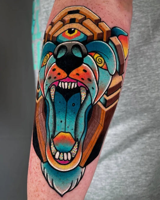 Big Neo Traditional Bear with Eye on Men Arm Tattoo by @joshmuzzy_tattoos