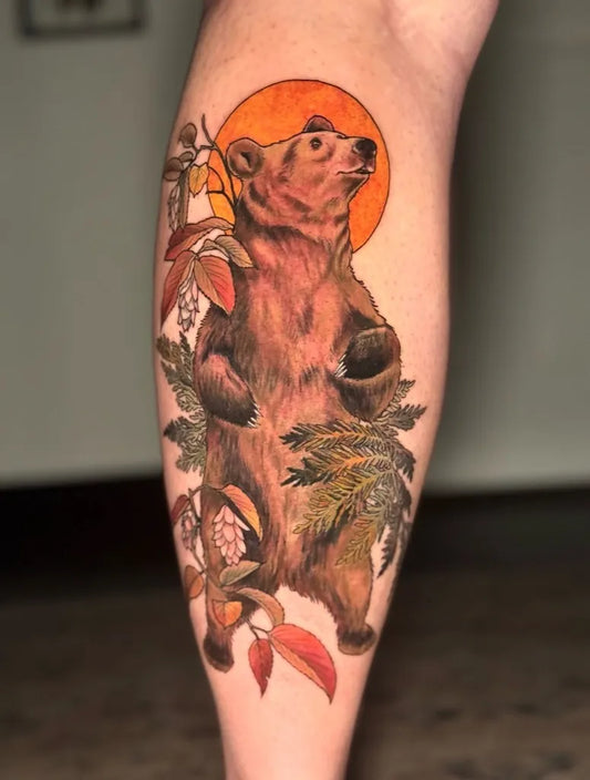 Big Neo Traditional Bear with Flowers and Sun on Women Leg Tattoo by @daughterofmars.tattoos