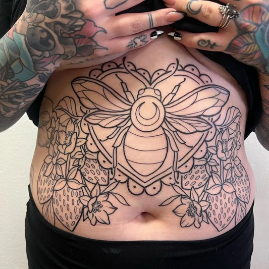 Big Neo Traditional Bee and Flowers Tattoo on Women Stomach by @moonbabytattoos
