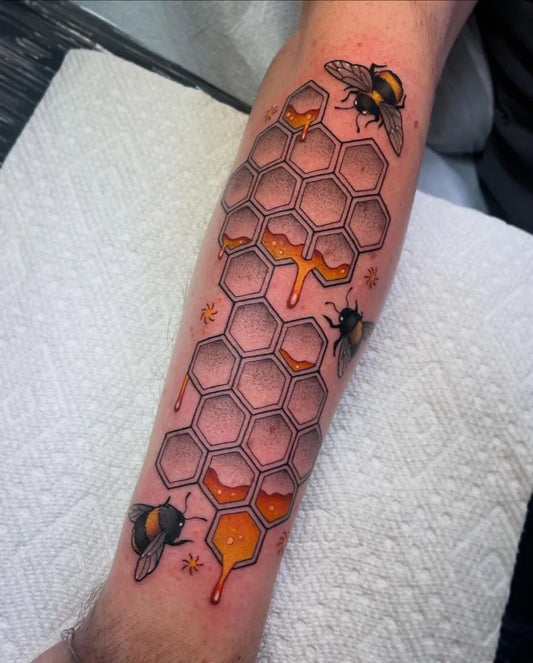 Big Neo Traditional Bee and Honeycomb on Men Arm Tattoo by @nervatattoo