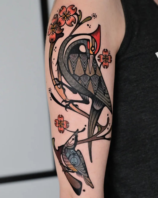 Big Neo Traditional Bird and Flowers Tattoo on Women Arm by @maxmurphytattoo
