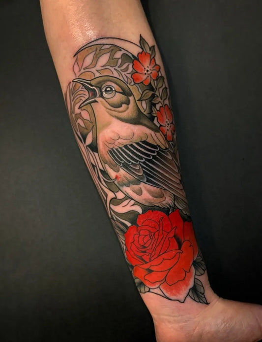 Big Neo Traditional Bird and Roses on Women Arm Tattoo by @tonybonestattooer