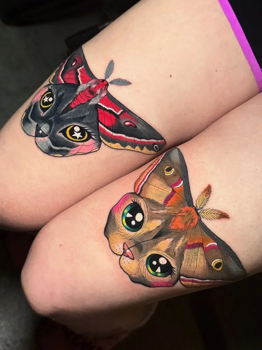 Big Neo Traditional Black Moth Cat Tan Moth Cat on Women Thighs Tattoo by @nicolewilliamstattoos