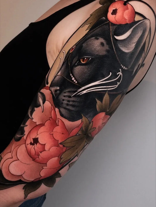Big Neo Traditional Black Panther and Peonies on Women Arm Tattoo by @tt_ganz