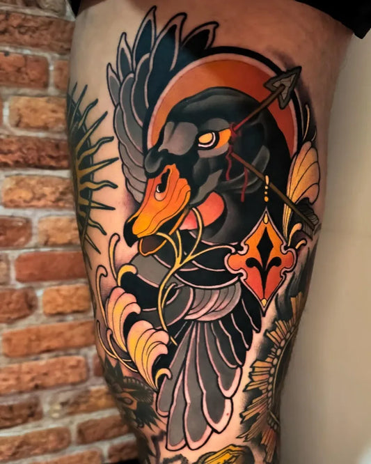 Big Neo Traditional Black Swan with Arrow and Fleur de Lis on Women Thigh Tattoo by @alexgarcianeotraditional