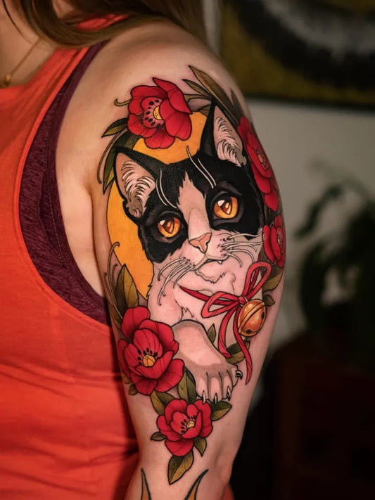 Big Neo Traditional Black and White Cat with Red Roses on Women Arm Tattoo by @lovelylove.tattoo