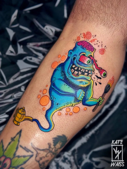 Big Neo Traditional Blue Ghost with Lamp and Torch on Men Leg Tattoo by @katewaisstattoo
