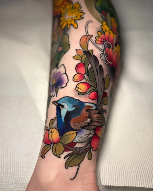 Big Neo Traditional Bluebird Flowers Berries on Women Leg Tattoo by @melgoodevetattoos