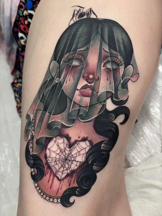 Big Neo Traditional Bride with Spiderweb Heart on Women Thigh Tattoo by @bethrosetattoo