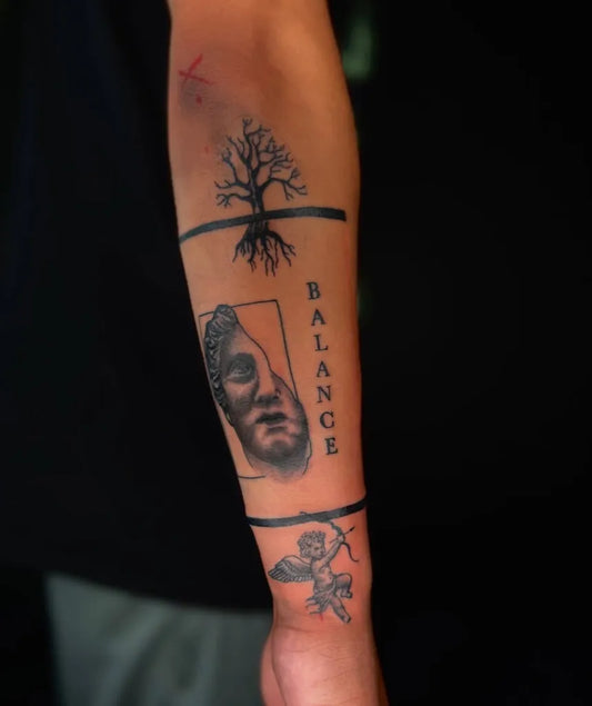 Big Neo Traditional Buddha Tree Cupid on Men Forearm Tattoo by @inkedbydannyy_