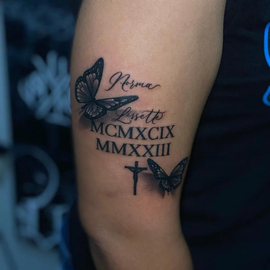 Big Neo Traditional Butterflies Names Dates Cross on Men Arm Tattoo by @charliebosquez