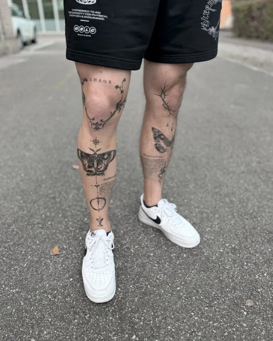 Big Neo Traditional Butterfly Crown Bones on Men Leg Tattoo by @robb.tattoo