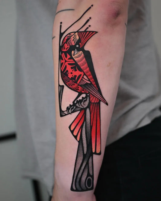 Big Neo Traditional Cardinal Bird Tattoo on Men Arm by @maxmurphytattoo