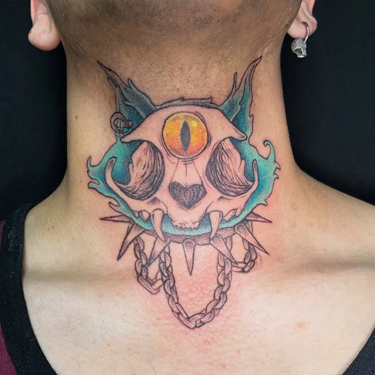 Big Neo Traditional Cat Skull with Chains on Men Neck Tattoo by @hexedbunny